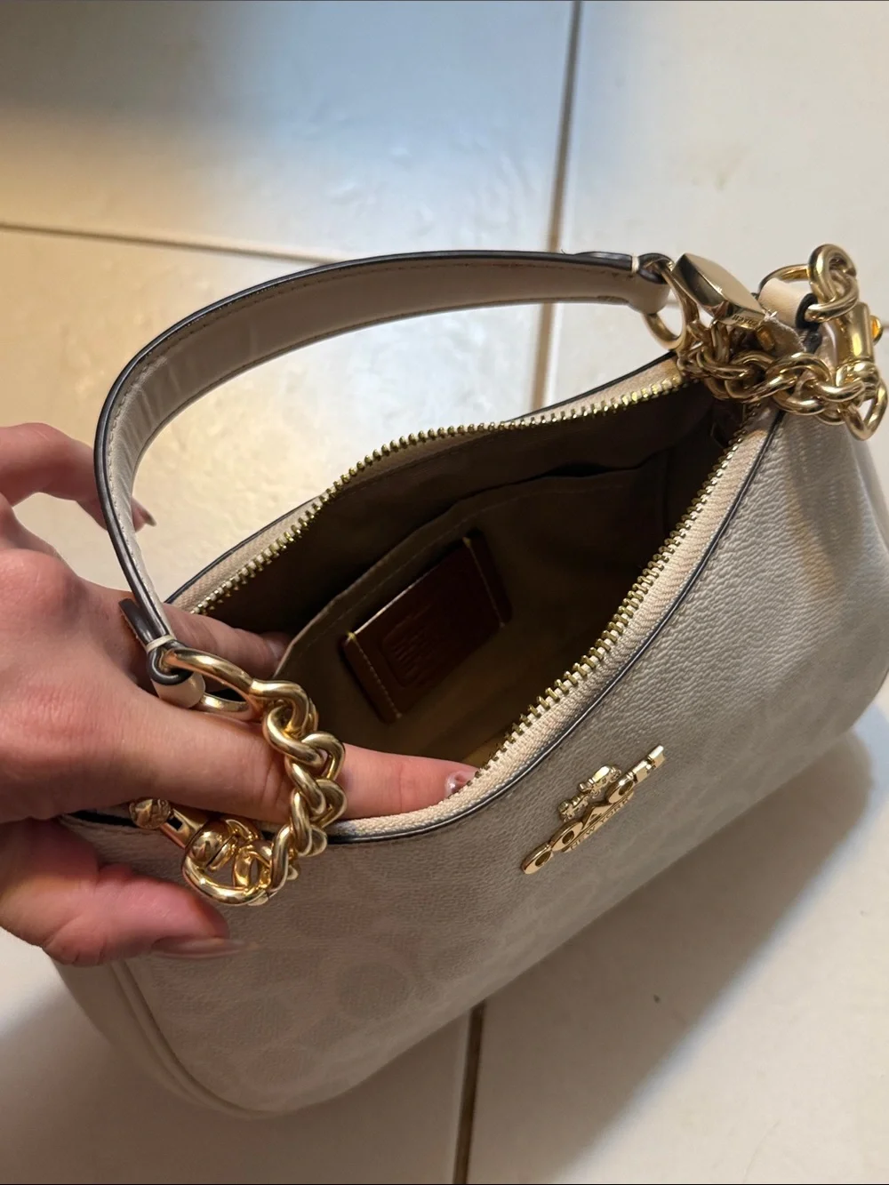 Coach Cream Signature Mini Shoulder Bag with Gold Hardware